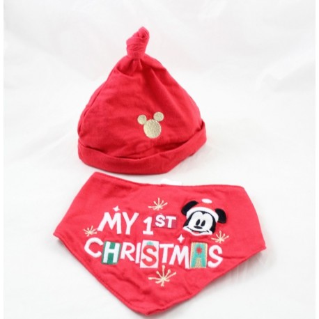 Bavoir bandana et bonnet Mickey DISNEY STORE Noël bébé My first Christmas