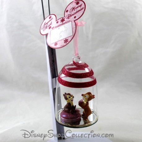 Boule de Noël en verre DISNEYLAND PARIS Tic et tac ornement rose pailleté Disney 9 cm
