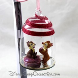 Boule de Noël en verre DISNEYLAND PARIS Tic et tac ornement rose pailleté Disney 9 cm