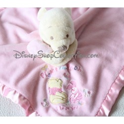 Doudou plat Winnie L'ourson DISNEY STORE satin rose " Piglet and Pooh I love you "