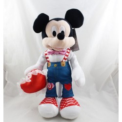 Peluche Mickey DISNEY STORE St Valentin 2021 salopette jean coeur rouge 41 cm NEUF