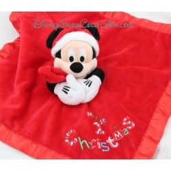 Doudou plat Mickey DISNEY STORE satin rouge Noël My 1st Christmas