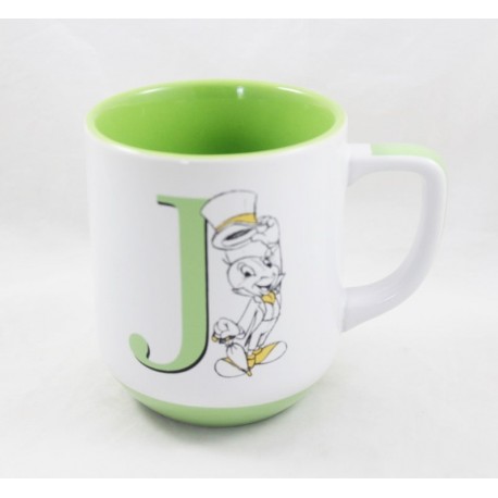 Mug Jiminy Cricket DISNEYLAND PARIS Pinocchio letter J cup white green Disney 11 cm