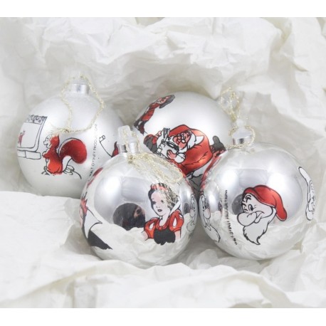 Ensemble de 4 boules de Noël Blanche-Neige WALT DISNEY Productions gris argenté vintage