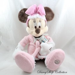 Peluche Minnie DISNEY STORE peignoir rose avec doudou lapin gris 40 cm