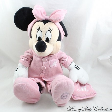 Peluche Minnie DISNEY STORE pyjama rose doudou carré M 43 cm
