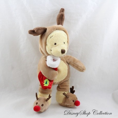 Plush Winnie the Pooh DISNEY STORE disguised as a reindeer with Christmas sock 25 cm