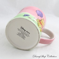 Winnie the Pooh Mug DISNEY STORE pastel pink green flared balloons on the bottom 9 cm