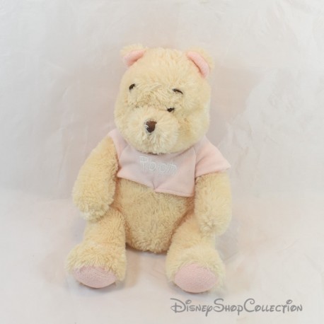 Peluche Winnie l'ourson DISNEY STORE rose beige oreilles tricotées 32 cm