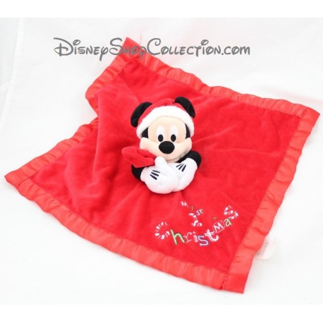 Doudou plat Mickey DISNEY STORE satin rouge Noël My 1st Christmas