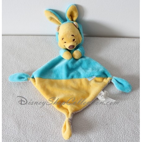 Doudou plat Winnie l'ourson NICOTOY capuche lapin bleu jaune Disney 