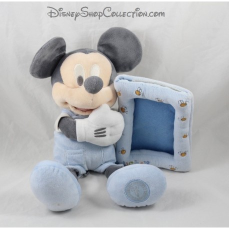 Peluche cadre photo Mickey DISNEY STORE bleu gris bébé 36 cm