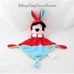 Doudou plat Mickey NICOTOY DISNEY déguisé en lapin capuche bleu rouge 3 noeuds