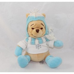 Peluche Winnie l'ourson DISNEY STORE hiver bonnet gant écharpe bleu flocon 22 cm